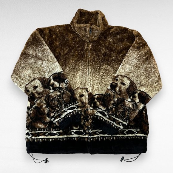 Cobblestone Canyon Sweaters - Vtg Cobblestone Canyon Full Zip Fleece Jacket Women Dog All Over Print Large USA